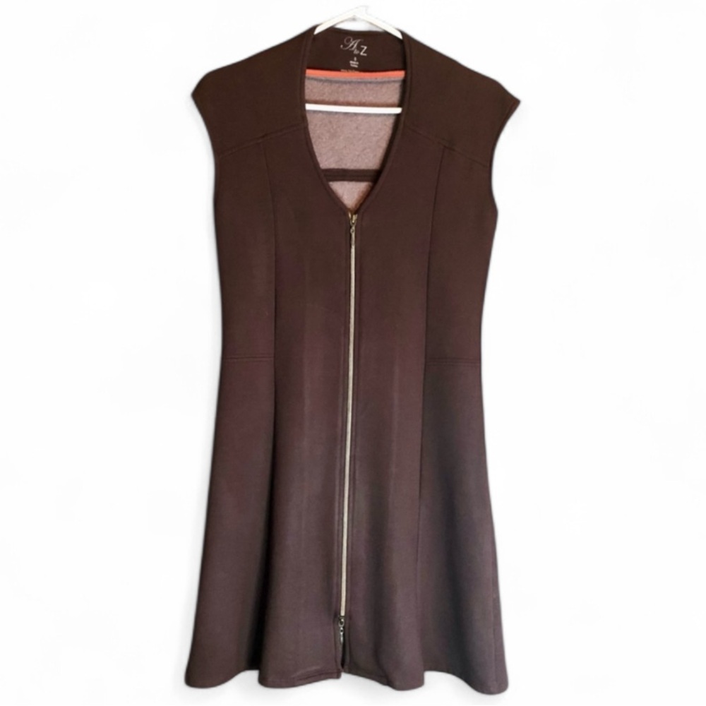 Brown Sleeveless A-line Zip Front Dress A to Z Workwear V-Neck Small S Like New